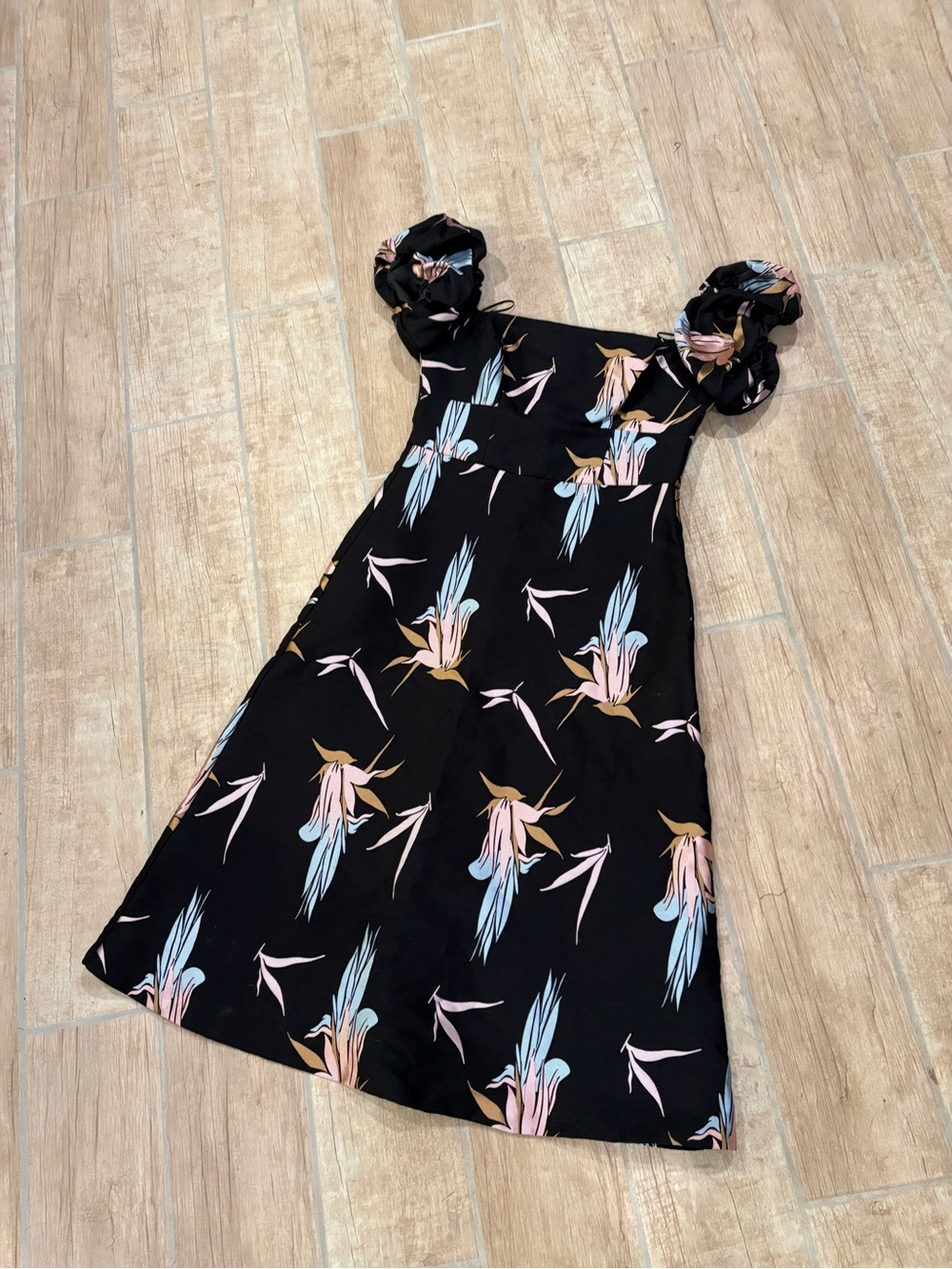 Topshop Black Floral-Print Dress with Puff off the shoulder Straps
